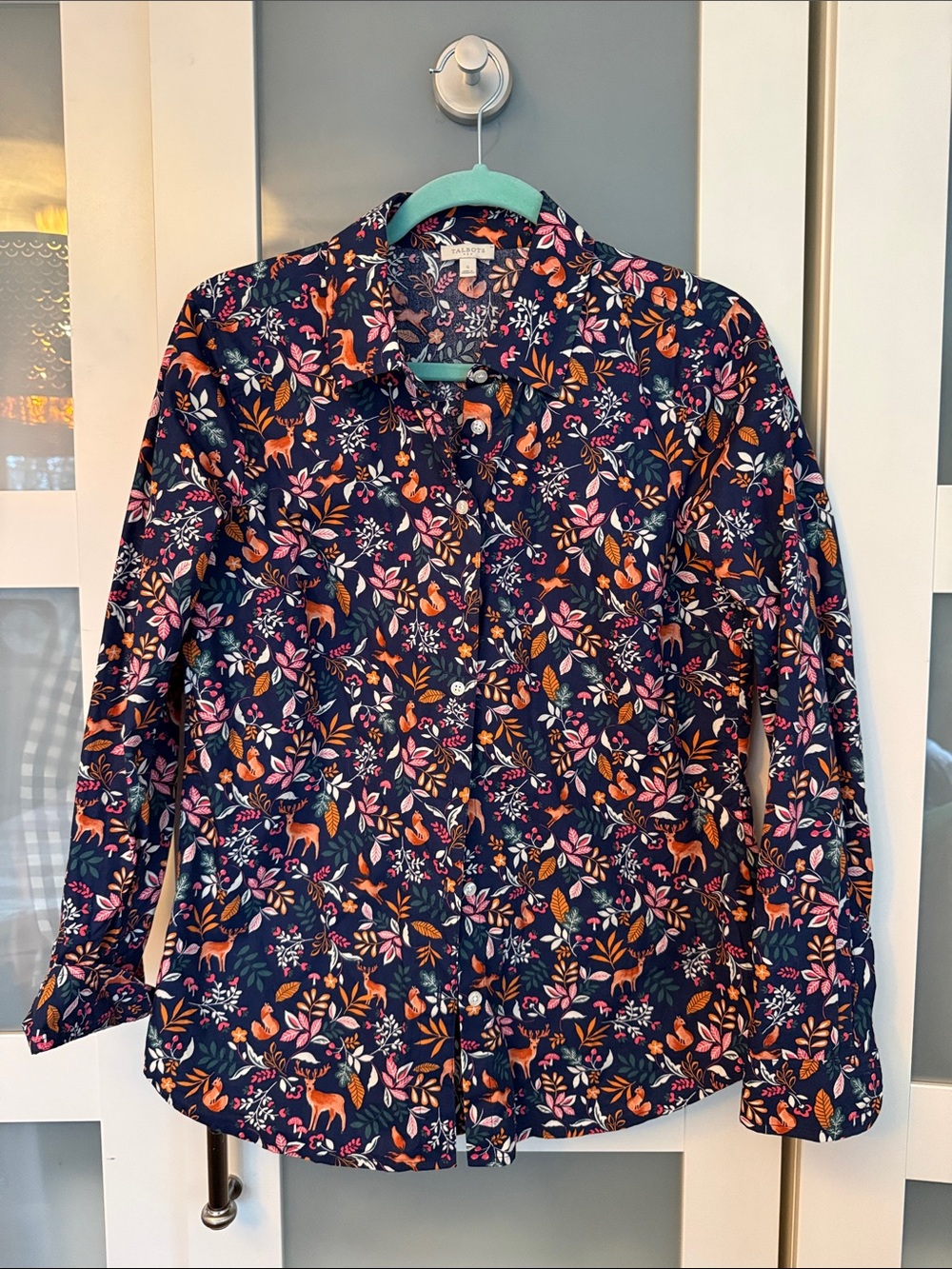 Talbots Navy Floral and Fox Print Blouse Small